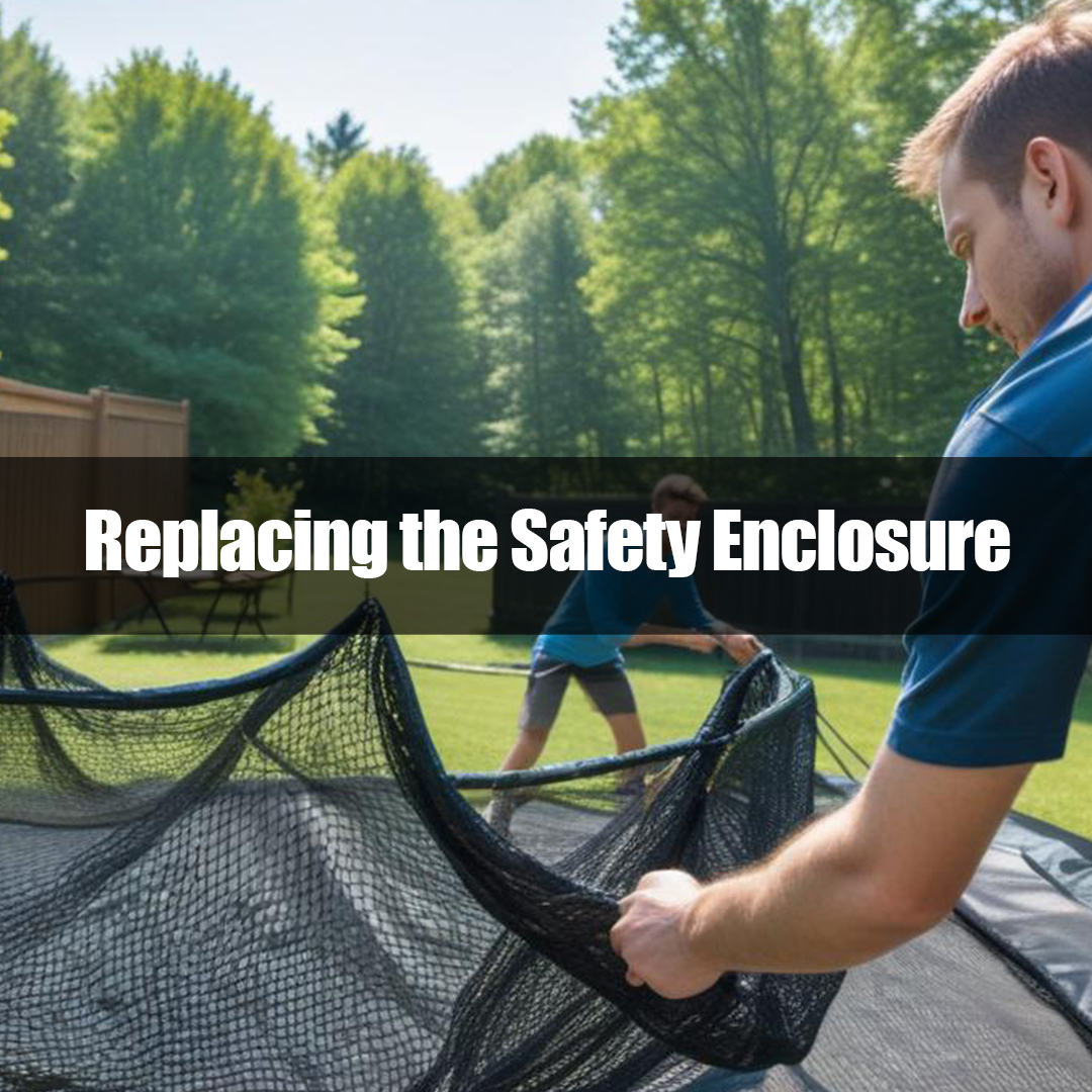 Installing new safety enclosure on a trampoline.