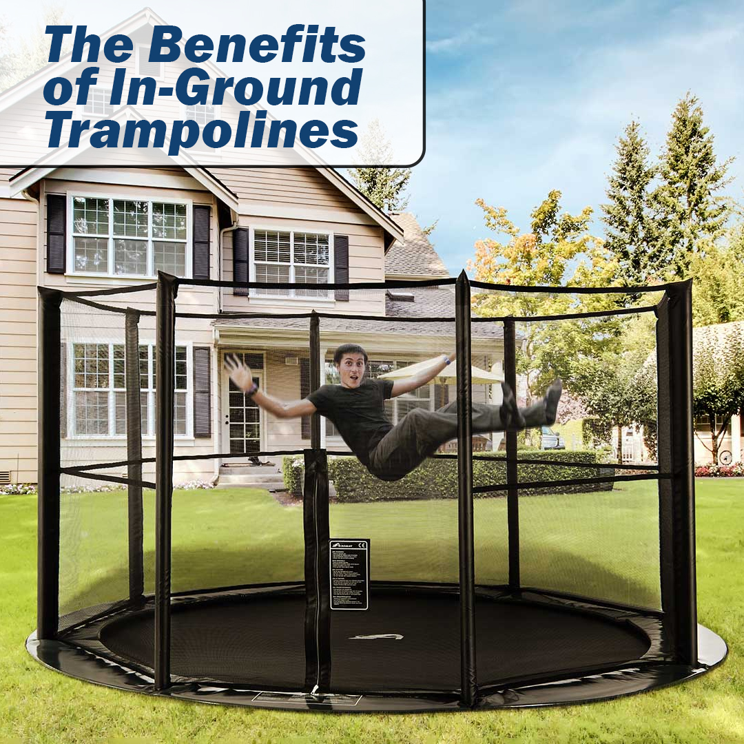 young man jumping on inground round trampoline - The Benefits of In-Ground Trampolines - supertramp.co.uk
